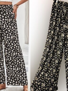 Women's Black Wide-Leg Daisy Print Pants